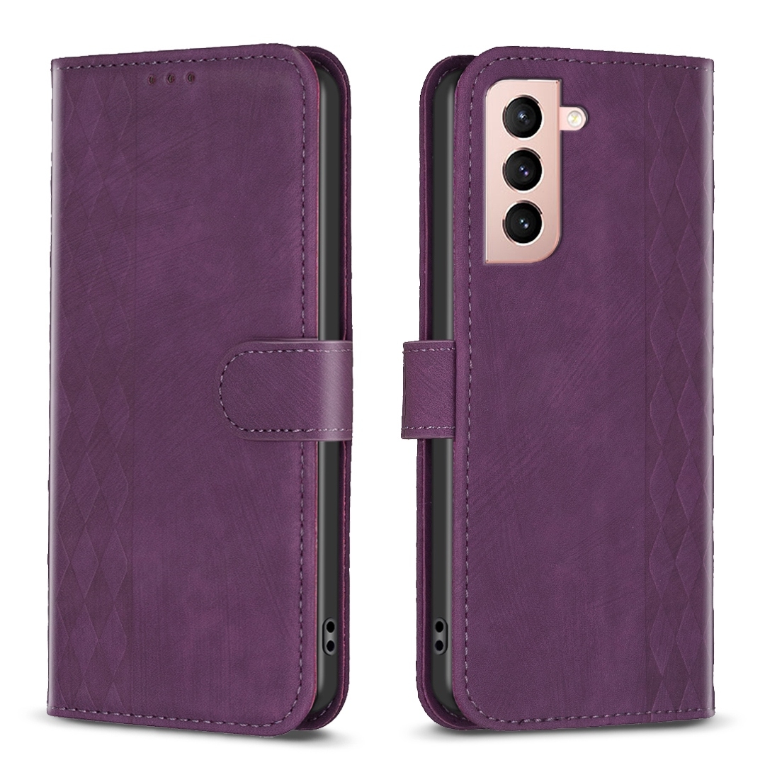 For Samsung Galaxy S21 5G Plaid Embossed Leather Phone Case(Purple) For Samsung Galaxy S21 5G Plaid Embossed Leather Phone Case(Purple)