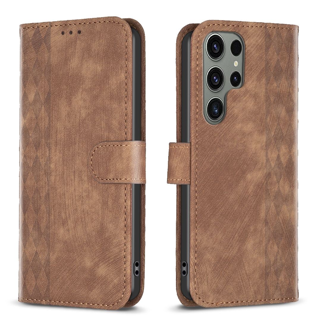 For Samsung Galaxy S24 Ultra 5G Plaid Embossed Leather Phone Case(Brown) For Samsung Galaxy S24 Ultra 5G Plaid Embossed Leather Phone Case(Brown)