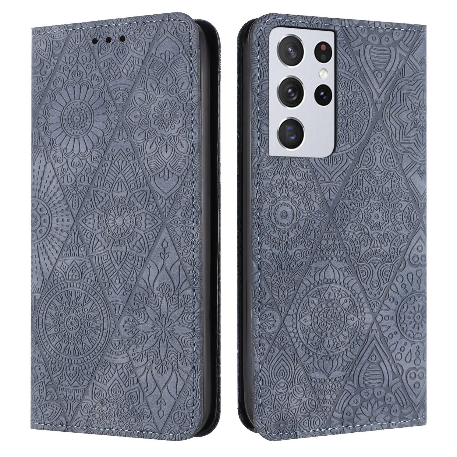 For Samsung Galaxy S21 Ultra 5G Ethnic Embossed Adsorption Leather Phone Case(Grey) For Samsung Galaxy S21 Ultra 5G Ethnic Embossed Adsorption Leather Phone Case(Grey)