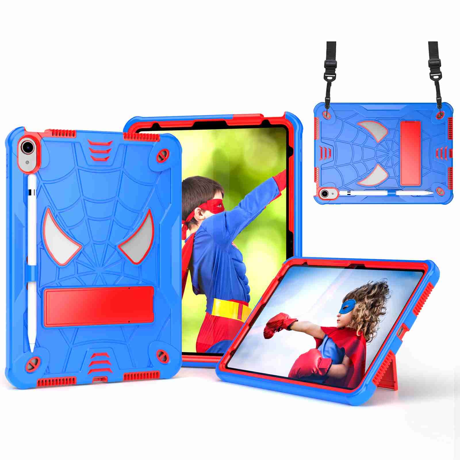 For iPad 10th Gen 10.9 2022 Spider Texture Silicone Hybrid PC Tablet Case with Shoulder Strap(Blue + Red) For iPad 10th Gen 10.9 2022 Spider Texture Silicone Hybrid PC Tablet Case with Shoulder Strap(Blue + Red)