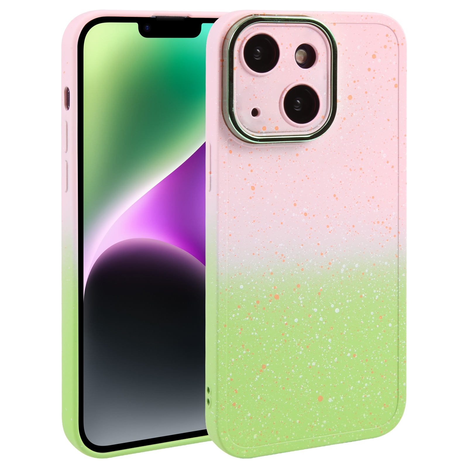For iPhone 15 Plus Gradient Starry Silicone Phone Case with Lens Film(Pink Green) For iPhone 15 Plus Gradient Starry Silicone Phone Case with Lens Film(Pink Green)