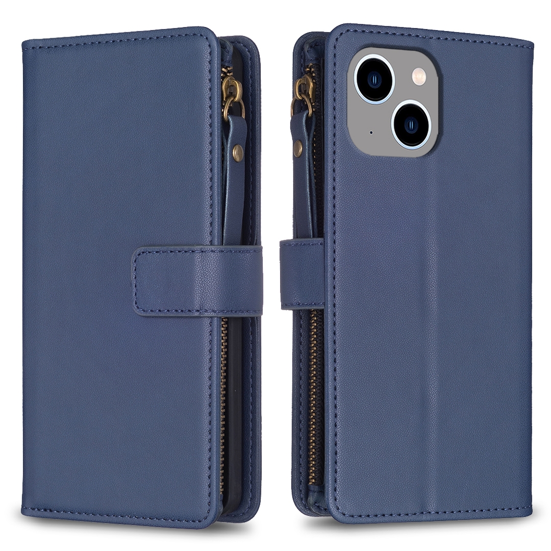 For iPhone 14 / 13 9 Card Slots Zipper Wallet Leather Flip Phone Case(Blue) For iPhone 14 / 13 9 Card Slots Zipper Wallet Leather Flip Phone Case(Blue)