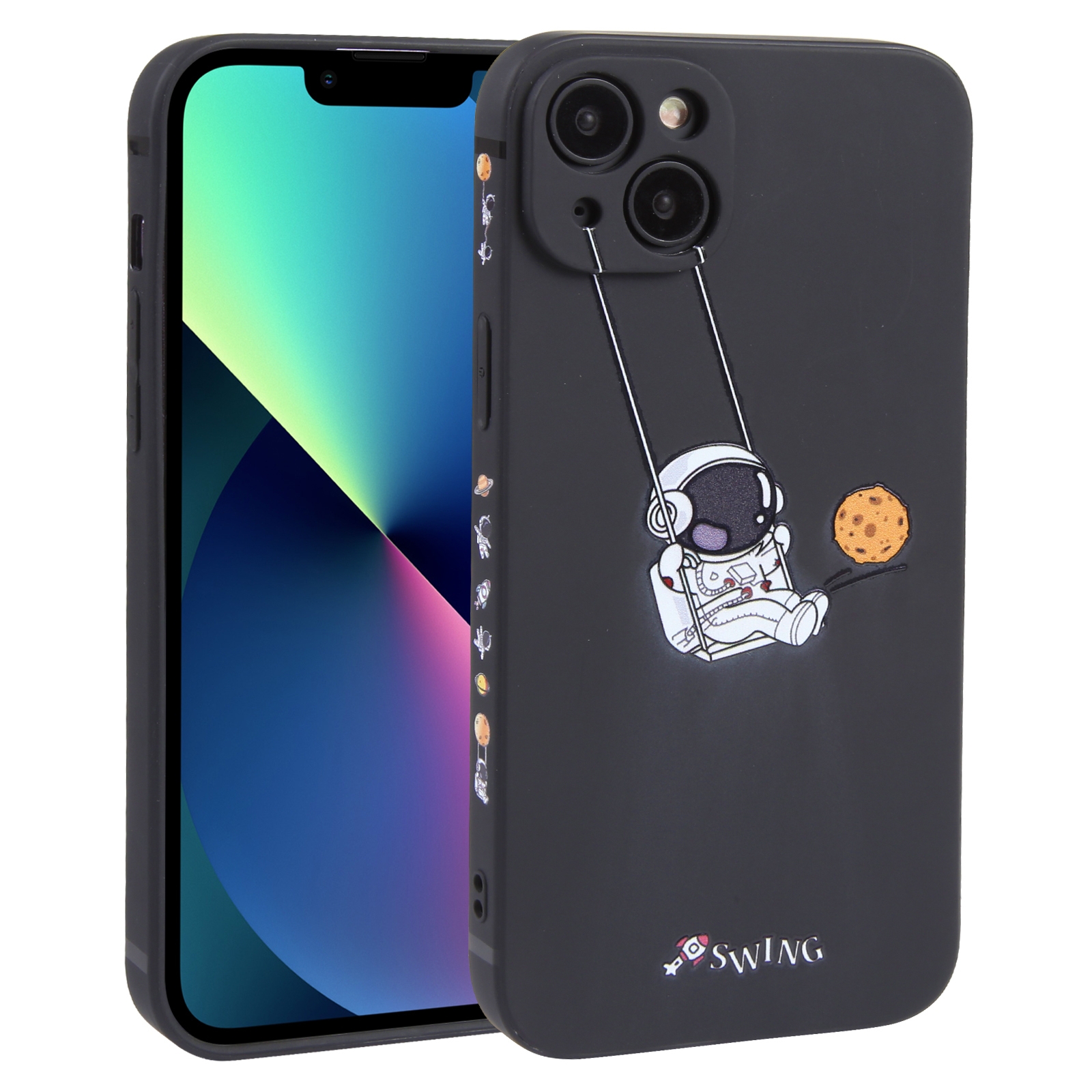 For iPhone 13 mini Astronaut Swinging Pattern TPU Phone Case(Black)