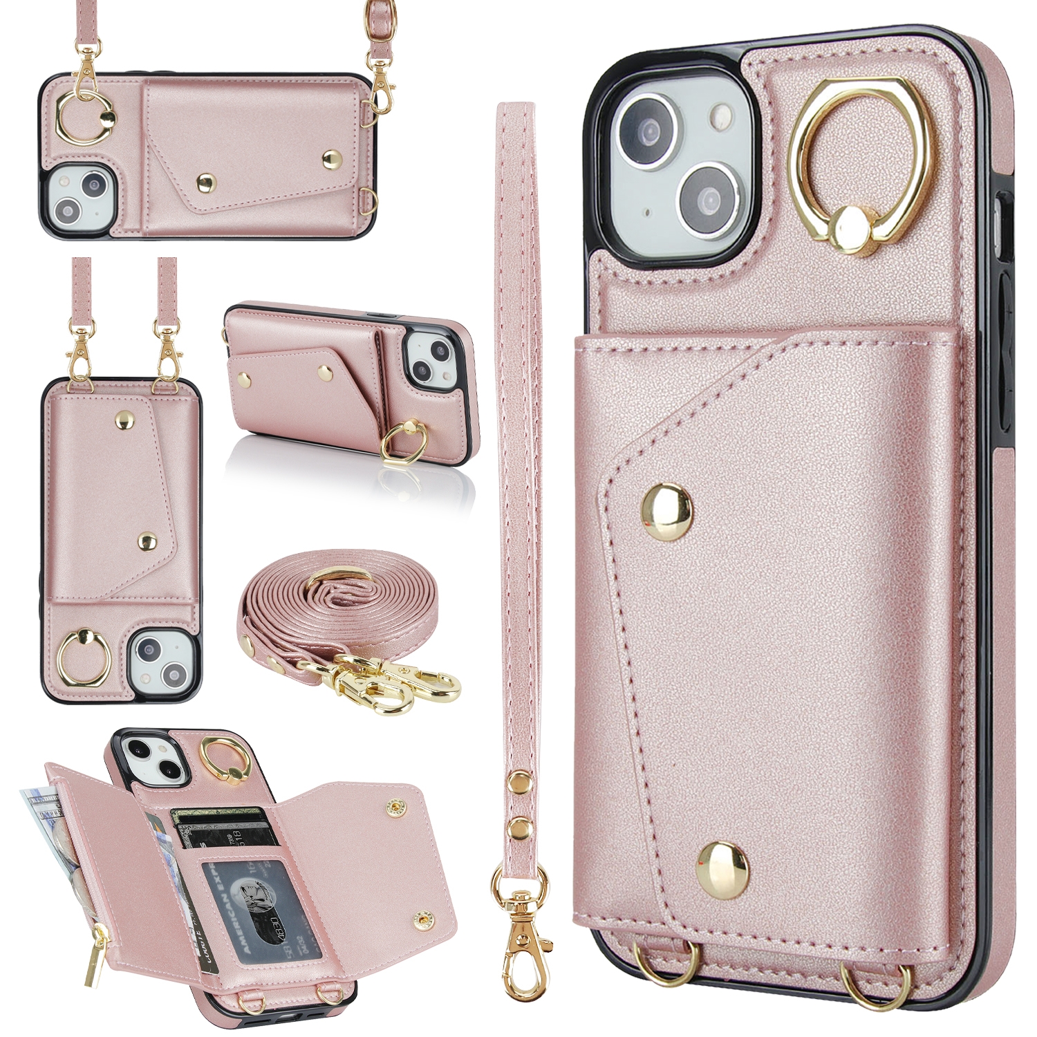For iPhone 14 Zipper Card Bag Phone Case with Dual Lanyard(Rose Gold) For iPhone 14 Zipper Card Bag Phone Case with Dual Lanyard(Rose Gold)