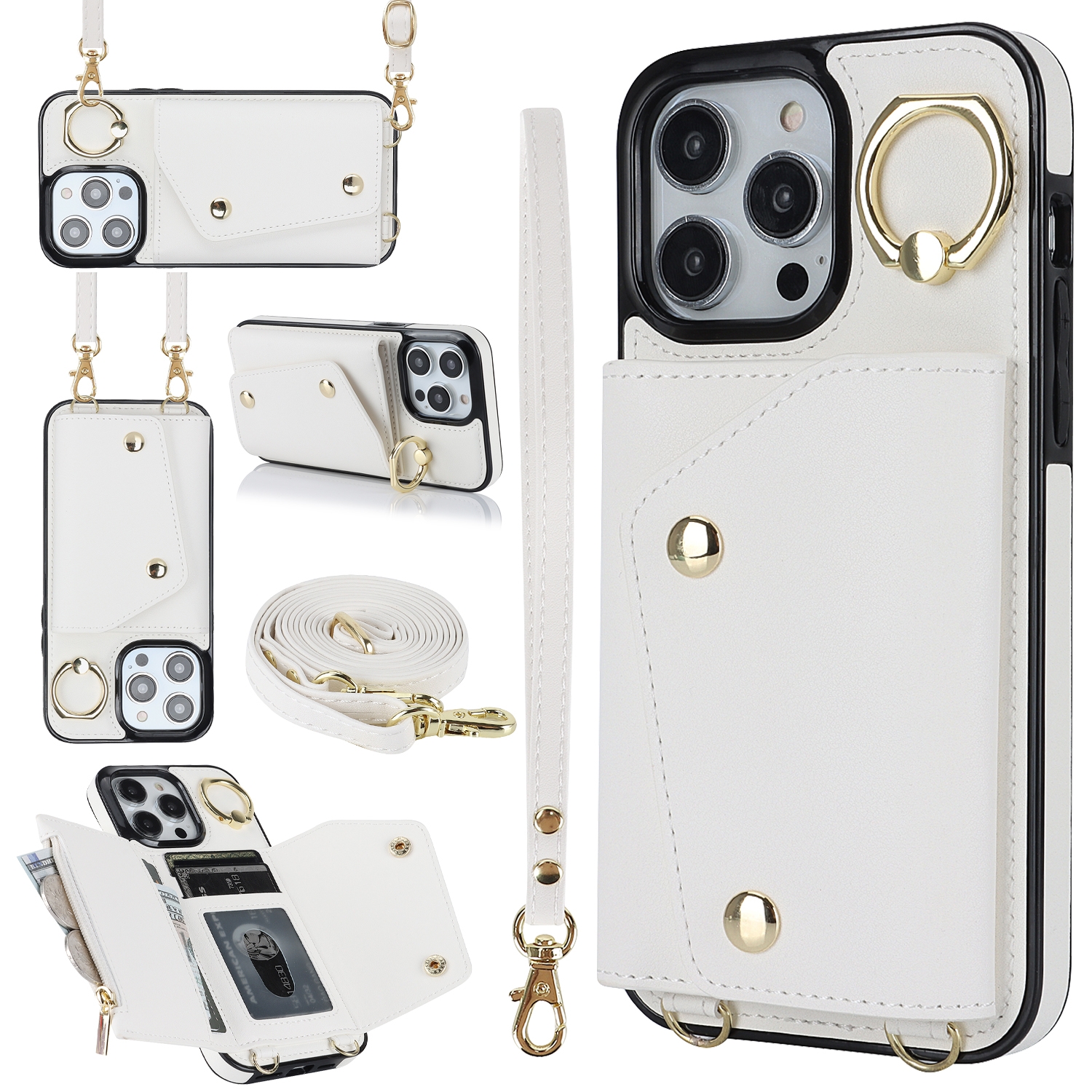 For iPhone 14 Pro Max Zipper Card Bag Phone Case with Dual Lanyard(White) For iPhone 14 Pro Max Zipper Card Bag Phone Case with Dual Lanyard(White)