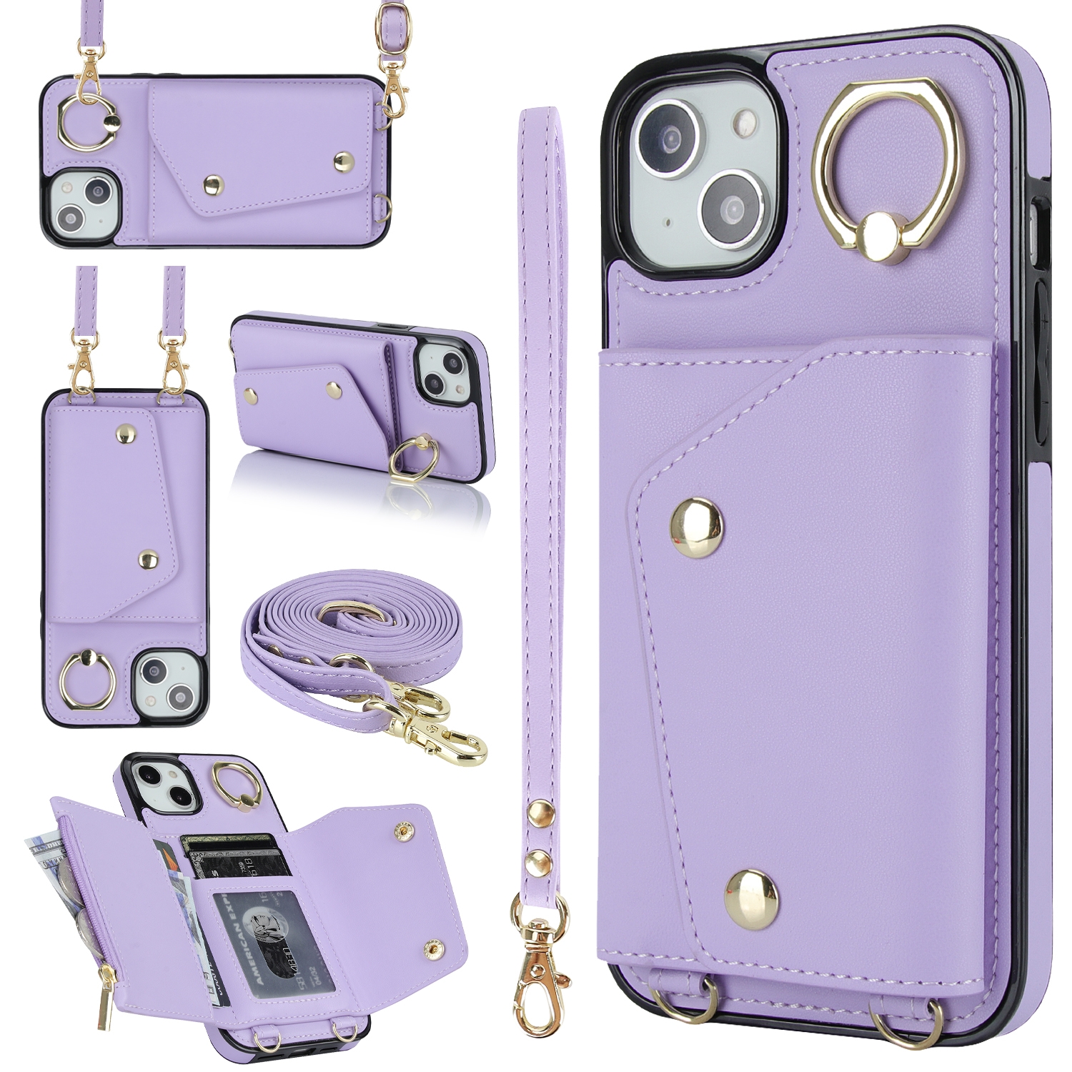 For iPhone 13 mini Zipper Card Bag Phone Case with Dual Lanyard(Purple) For iPhone 13 mini Zipper Card Bag Phone Case with Dual Lanyard(Purple)