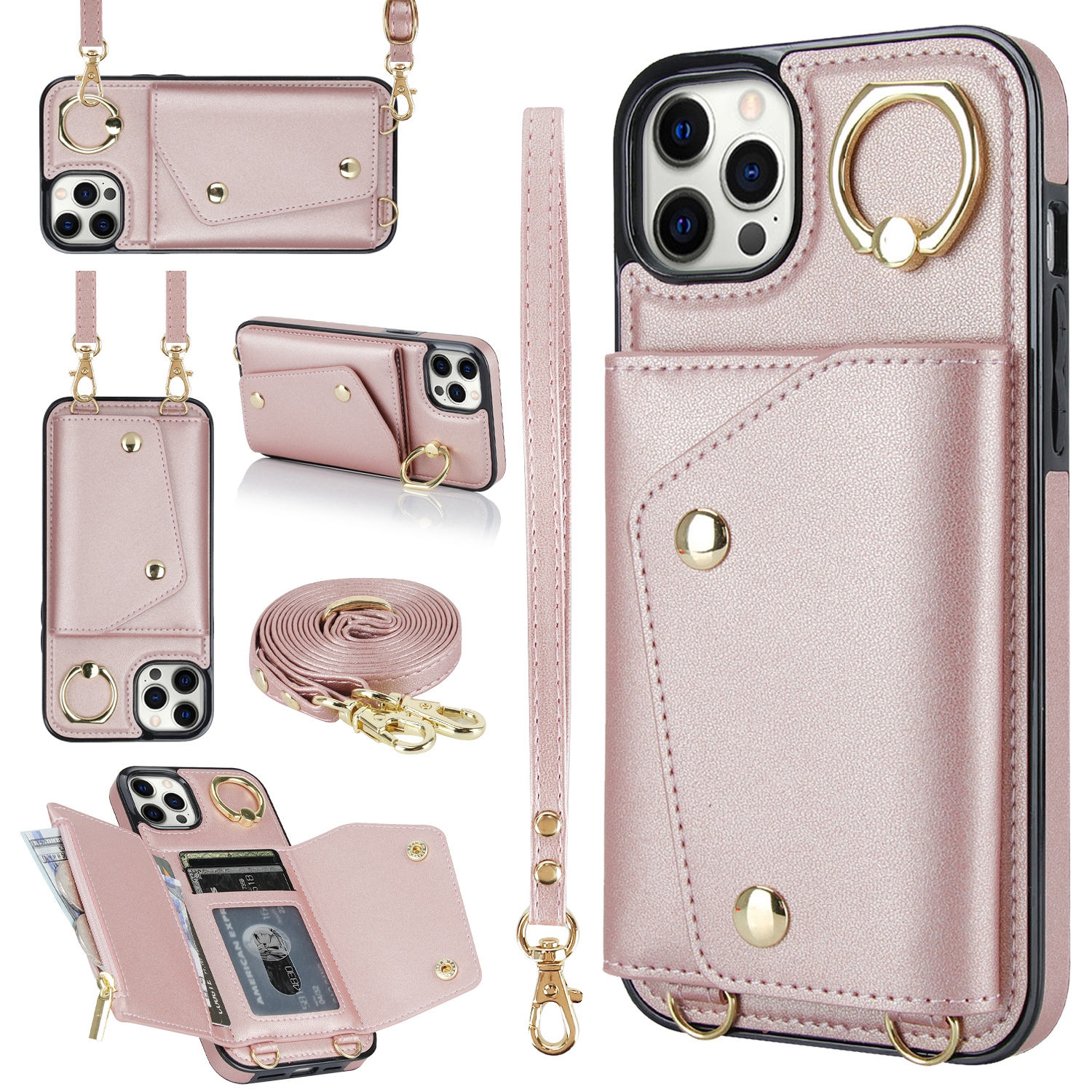 For iPhone 11 Pro Zipper Card Bag Phone Case with Dual Lanyard(Rose Gold) For iPhone 11 Pro Zipper Card Bag Phone Case with Dual Lanyard(Rose Gold)