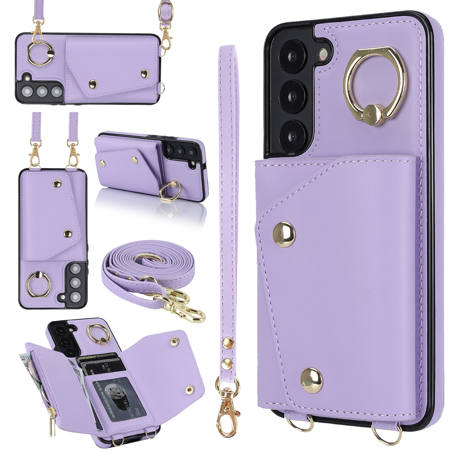 For Samsung Galaxy S22 5G Zipper Card Bag Phone Case with Dual Lanyard(Purple) For Samsung Galaxy S22 5G Zipper Card Bag Phone Case with Dual Lanyard(Purple)
