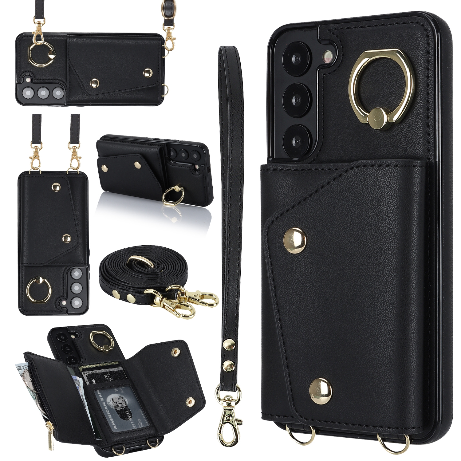 For Samsung Galaxy S22+ 5G Zipper Card Bag Phone Case with Dual Lanyard(Black) For Samsung Galaxy S22+ 5G Zipper Card Bag Phone Case with Dual Lanyard(Black)