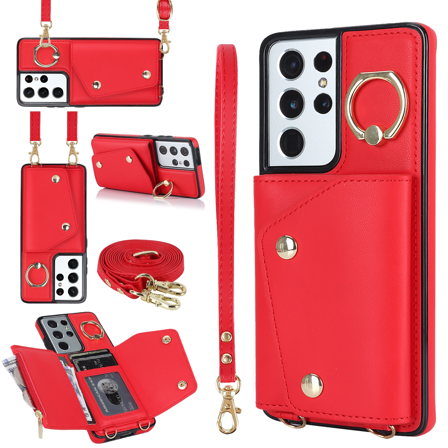 For Samsung Galaxy S21 Ultra 5G Zipper Card Bag Phone Case with Dual Lanyard(Red) For Samsung Galaxy S21 Ultra 5G Zipper Card Bag Phone Case with Dual Lanyard(Red)
