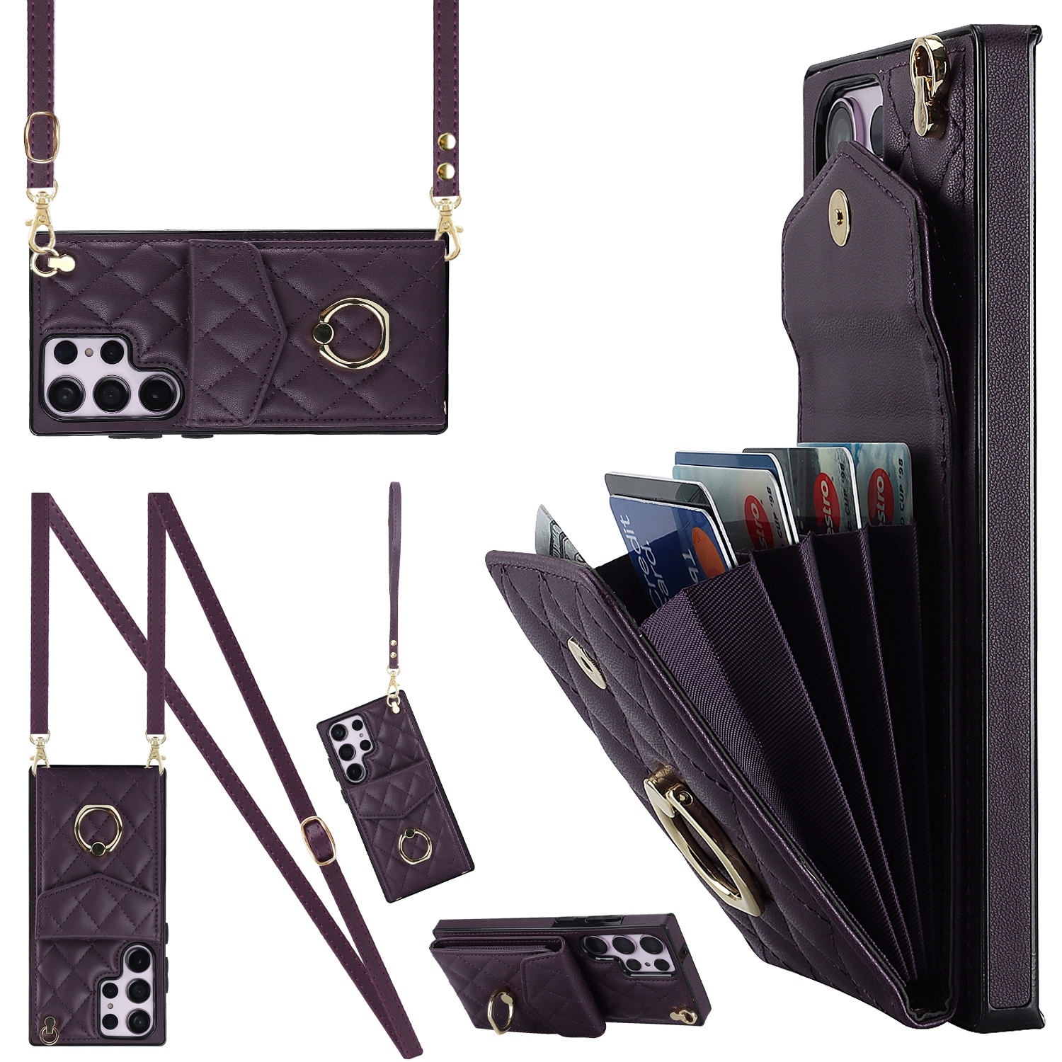 For Samsung Galaxy S23 Ultra 5G Rhombic Texture Card Bag Phone Case with Long Lanyard(Dark Purple) For Samsung Galaxy S23 Ultra 5G Rhombic Texture Card Bag Phone Case with Long Lanyard(Dark Purple)
