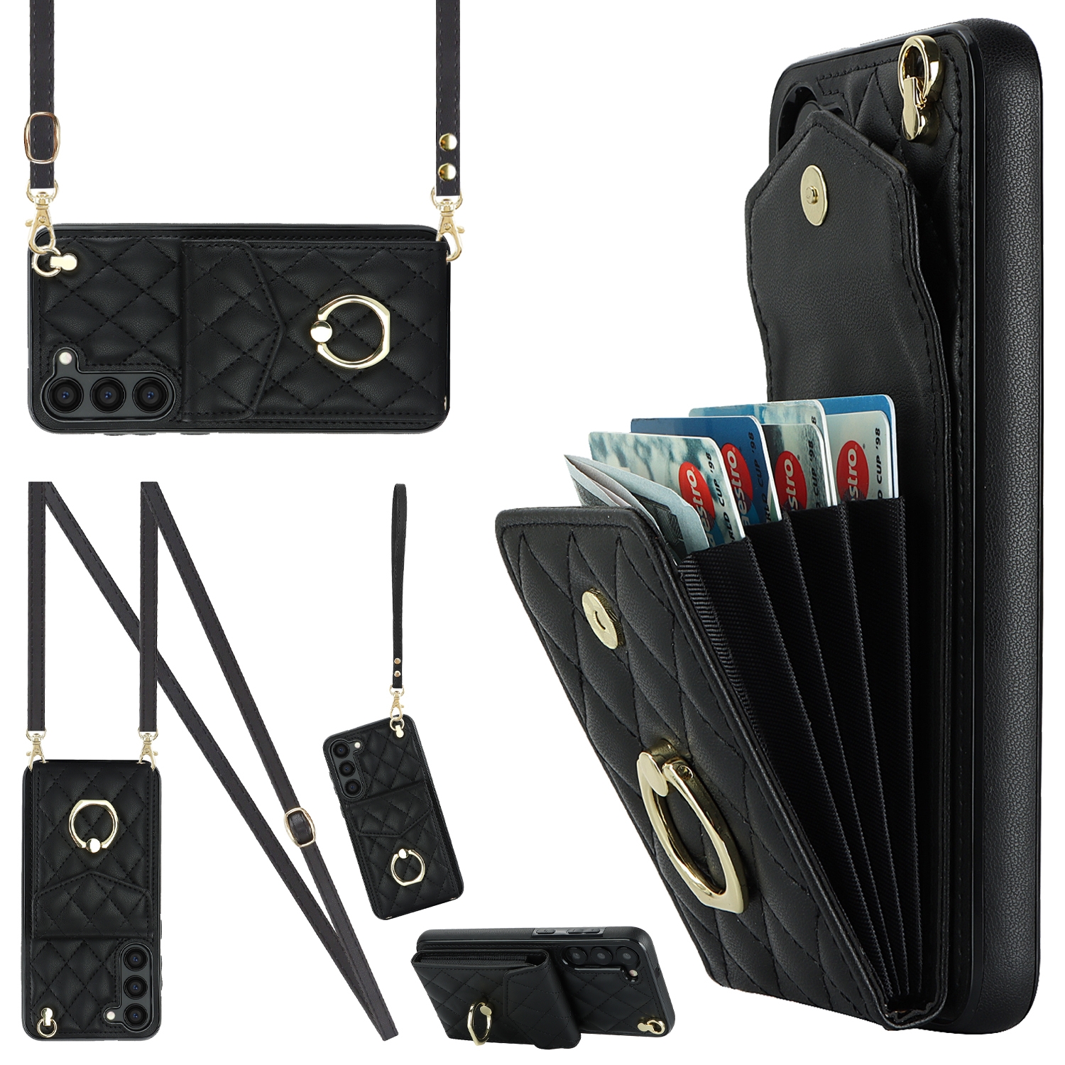 For Samsung Galaxy S23+ 5G Rhombic Texture Card Bag Phone Case with Long Lanyard(Black) For Samsung Galaxy S23+ 5G Rhombic Texture Card Bag Phone Case with Long Lanyard(Black)