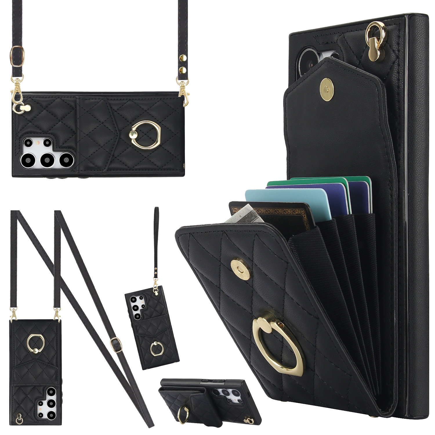 For Samsung Galaxy S24 Ultra 5G Rhombic Texture Card Bag Phone Case with Long Lanyard(Black) For Samsung Galaxy S24 Ultra 5G Rhombic Texture Card Bag Phone Case with Long Lanyard(Black)