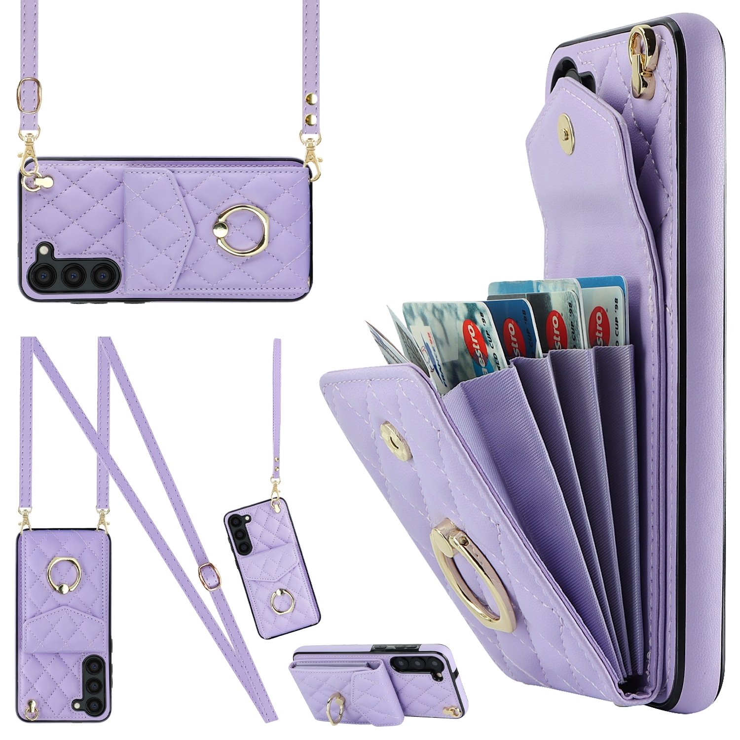 For Samsung Galaxy S24 5G Rhombic Texture Card Bag Phone Case with Long Lanyard(Light Purple) For Samsung Galaxy S24 5G Rhombic Texture Card Bag Phone Case with Long Lanyard(Light Purple)