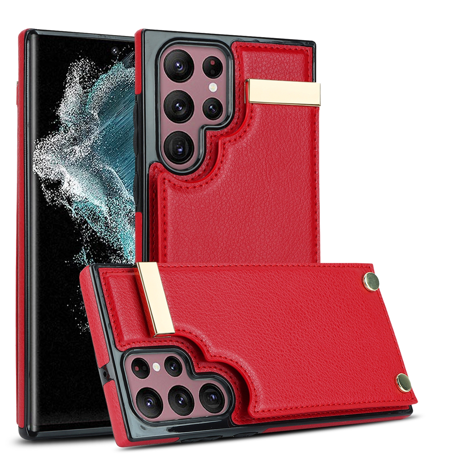 For Samsung Galaxy S22 Ultra 5G Metal Buckle Card Slots Phone Case(Red) For Samsung Galaxy S22 Ultra 5G Metal Buckle Card Slots Phone Case(Red)