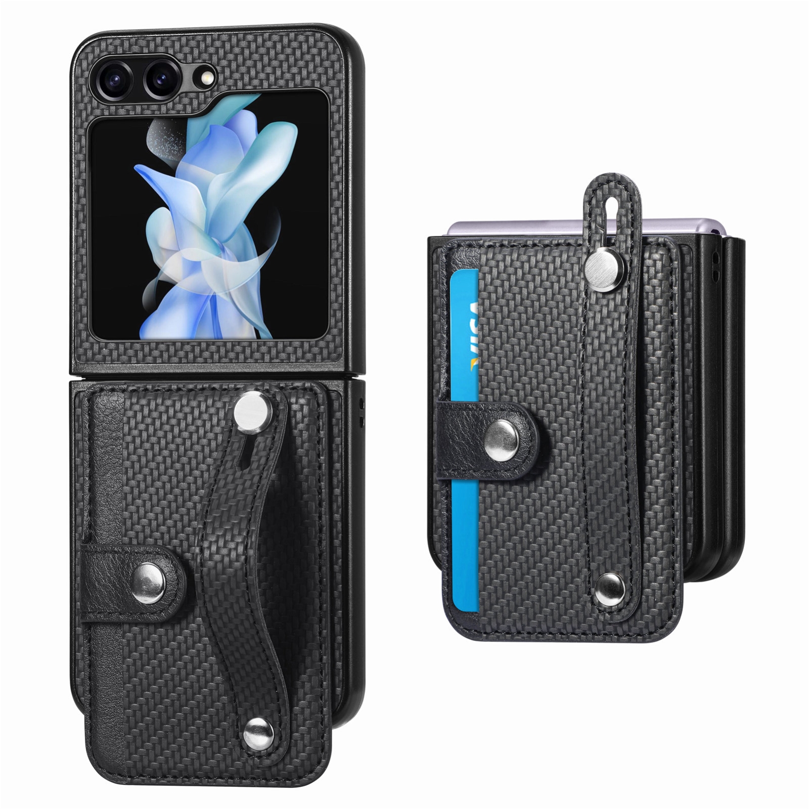 For Samsung Galaxy Z Flip5 Carbon Fiber Wristband Wallet Back Phone Case(Black) For Samsung Galaxy Z Flip5 Carbon Fiber Wristband Wallet Back Phone Case(Black)