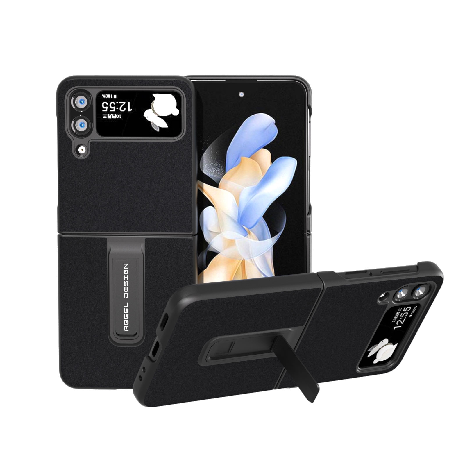 For Samsung Galaxy Z Flip4 Genuine Silky Soft ABEEL Black Edge Phone Case with Holder(Black) For Samsung Galaxy Z Flip4 Genuine Silky Soft ABEEL Black Edge Phone Case with Holder(Black)