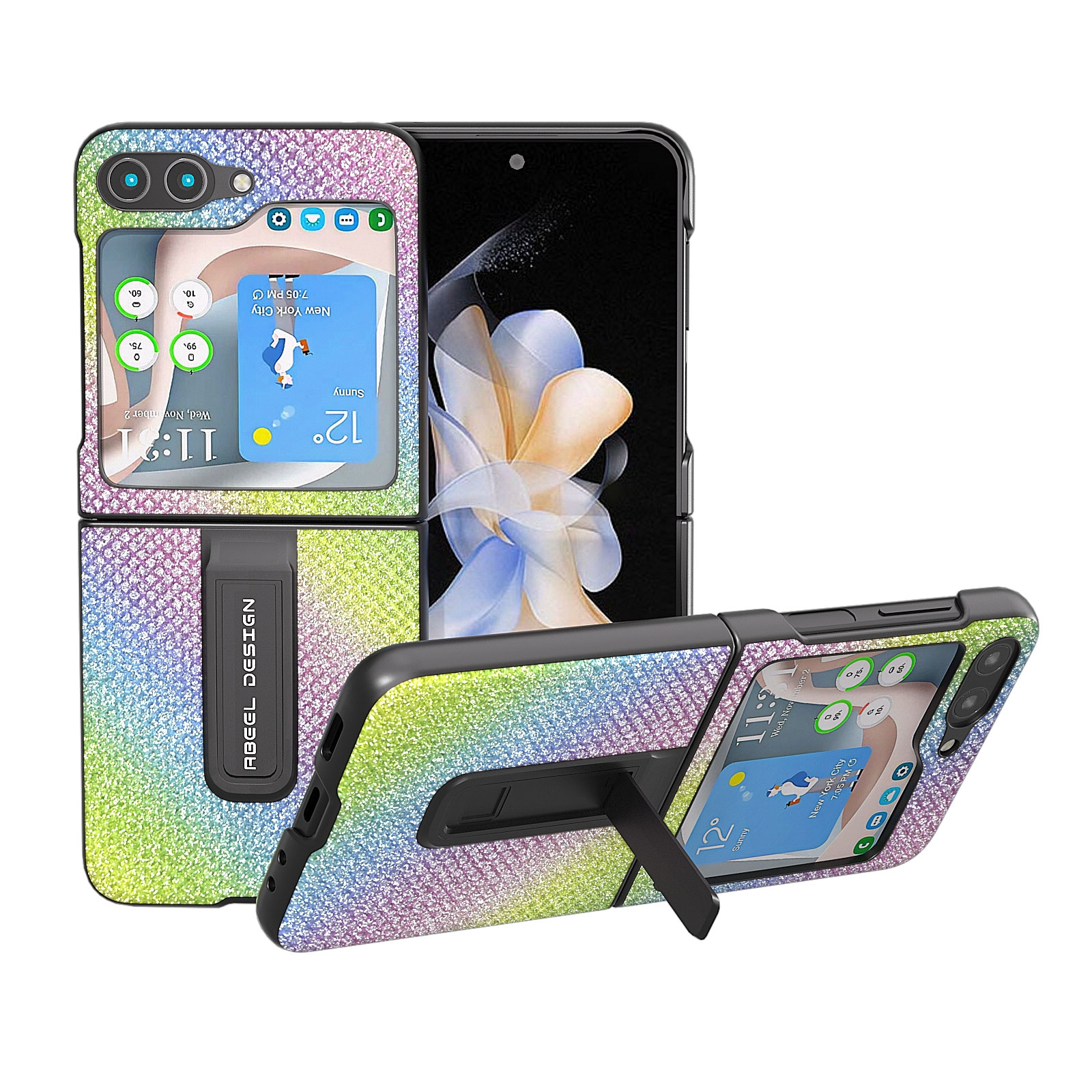 For Samsung Galaxy Z Flip5 Diamond Series Black Edge Phone Case with Holder(Rainbow) For Samsung Galaxy Z Flip5 Diamond Series Black Edge Phone Case with Holder(Rainbow)