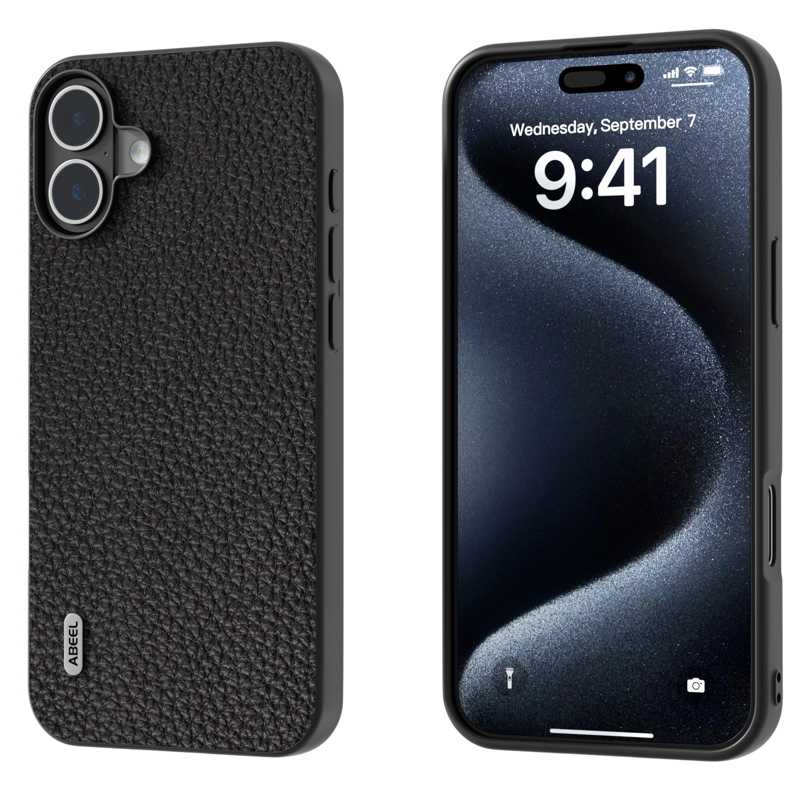 For iPhone 16 ABEEL Genuine Leather Litchi Texture Phone Case(Black) For iPhone 16 ABEEL Genuine Leather Litchi Texture Phone Case(Black)