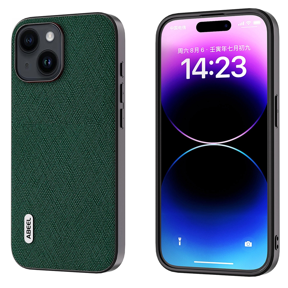 For iPhone 14 Plus ABEEL Cross Texture Genuine Leather Phone Case(Green) For iPhone 14 Plus ABEEL Cross Texture Genuine Leather Phone Case(Green)