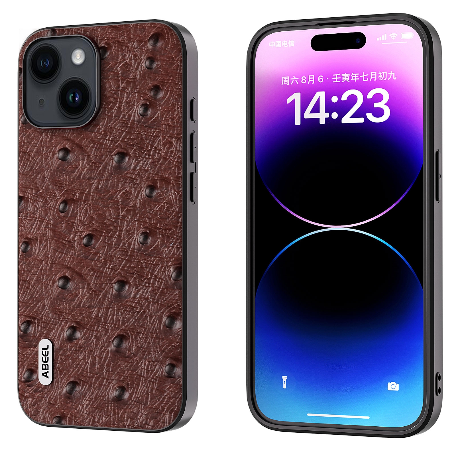 For iPhone 15 Plus ABEEL Genuine Leather Ostrich Texture Phone Case(Coffee)