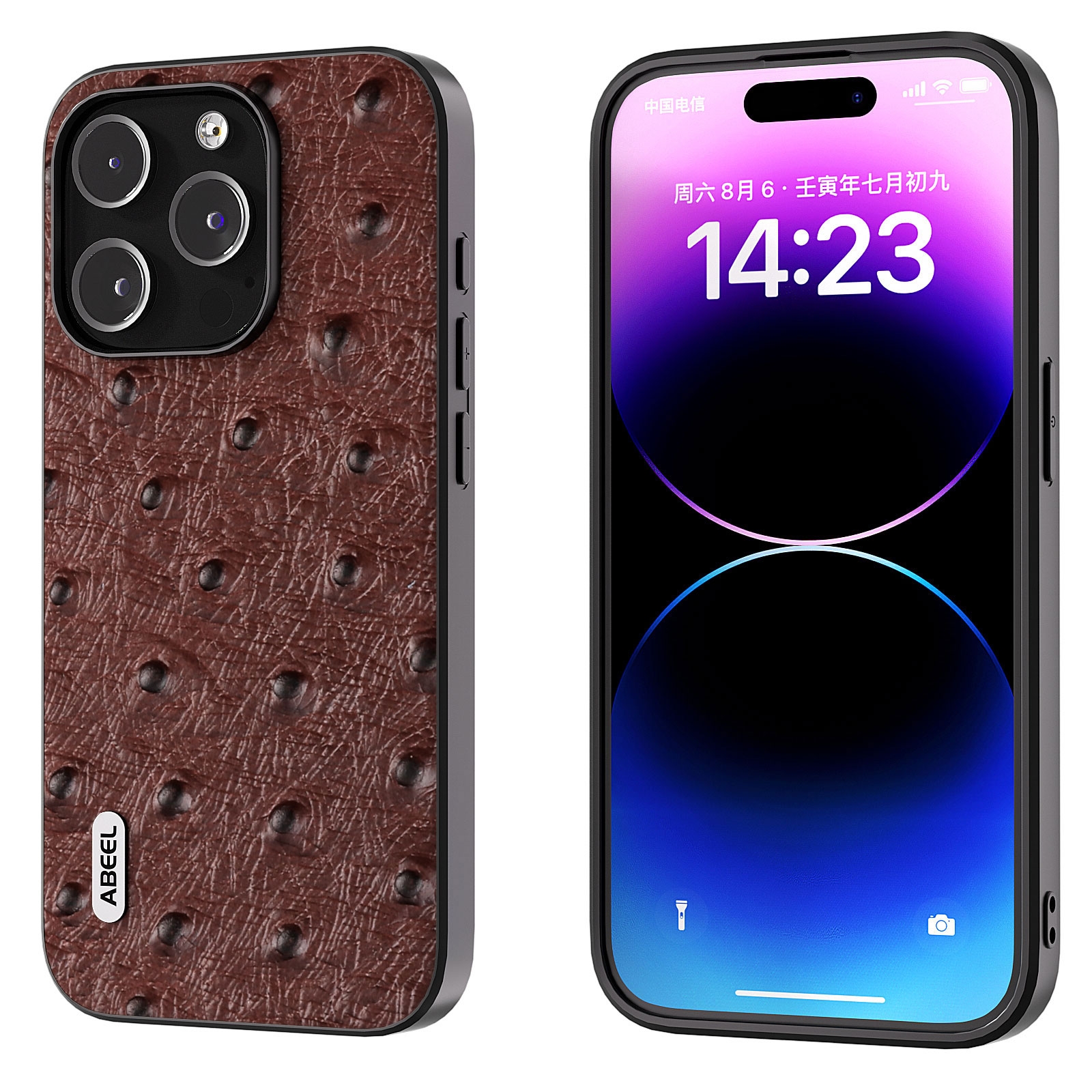 For iPhone 14 Pro ABEEL Genuine Leather Ostrich Texture Phone Case(Coffee) For iPhone 14 Pro ABEEL Genuine Leather Ostrich Texture Phone Case(Coffee)