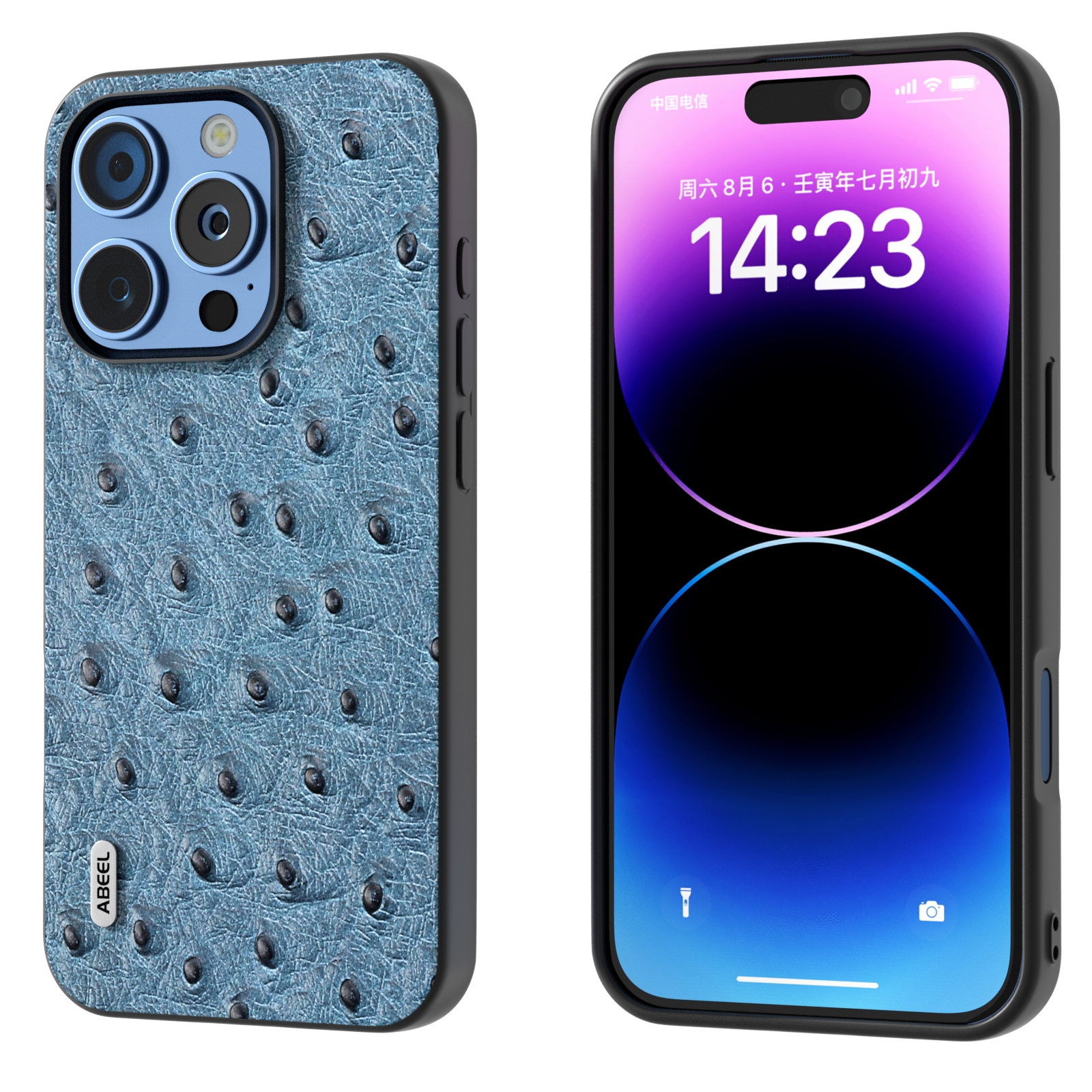 For iPhone 16 Pro ABEEL Genuine Leather Ostrich Texture Phone Case(Blue) For iPhone 16 Pro ABEEL Genuine Leather Ostrich Texture Phone Case(Blue)