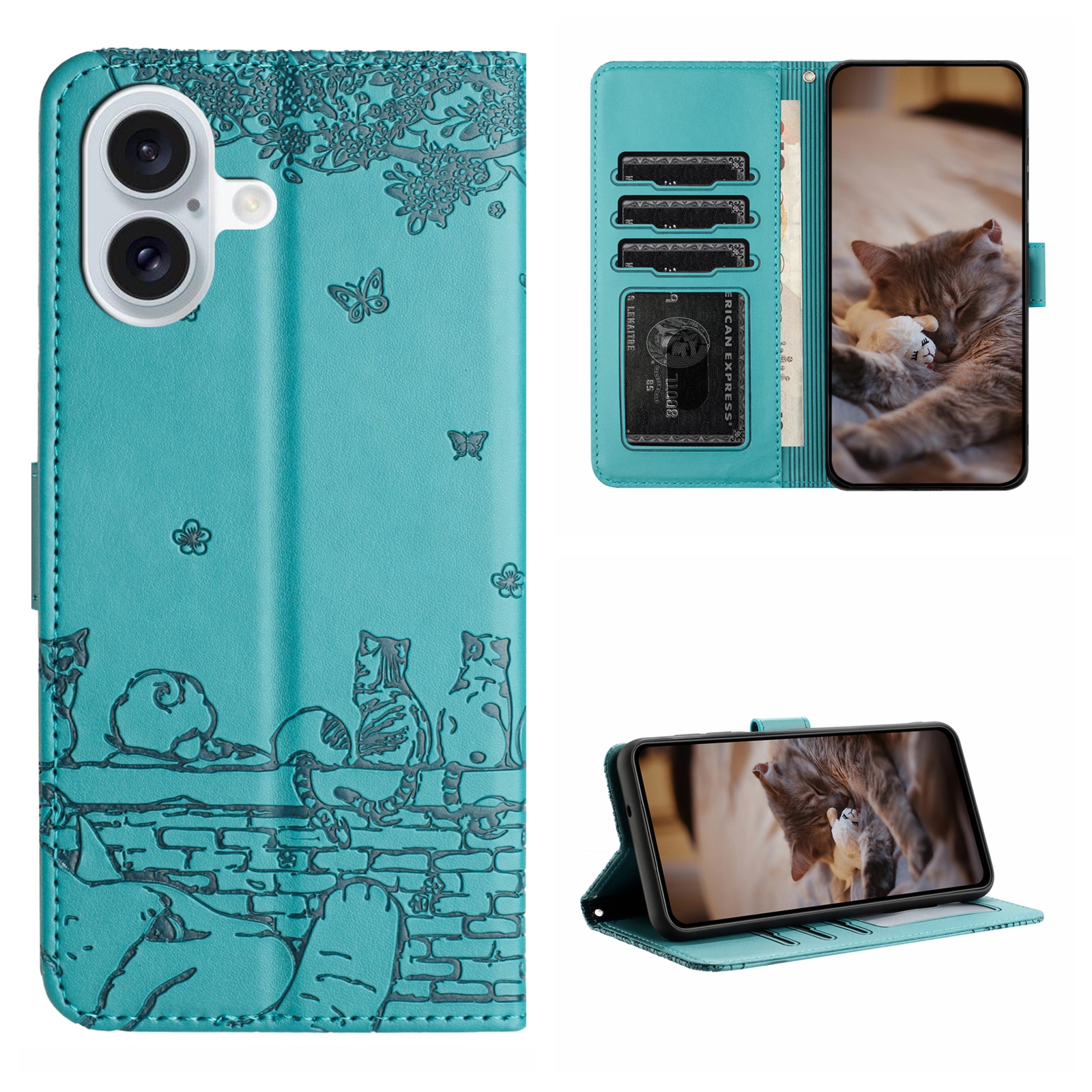 For iPhone 16 Cat Embossing Pattern Leather Phone Case with Lanyard(Blue) For iPhone 16 Cat Embossing Pattern Leather Phone Case with Lanyard(Blue)