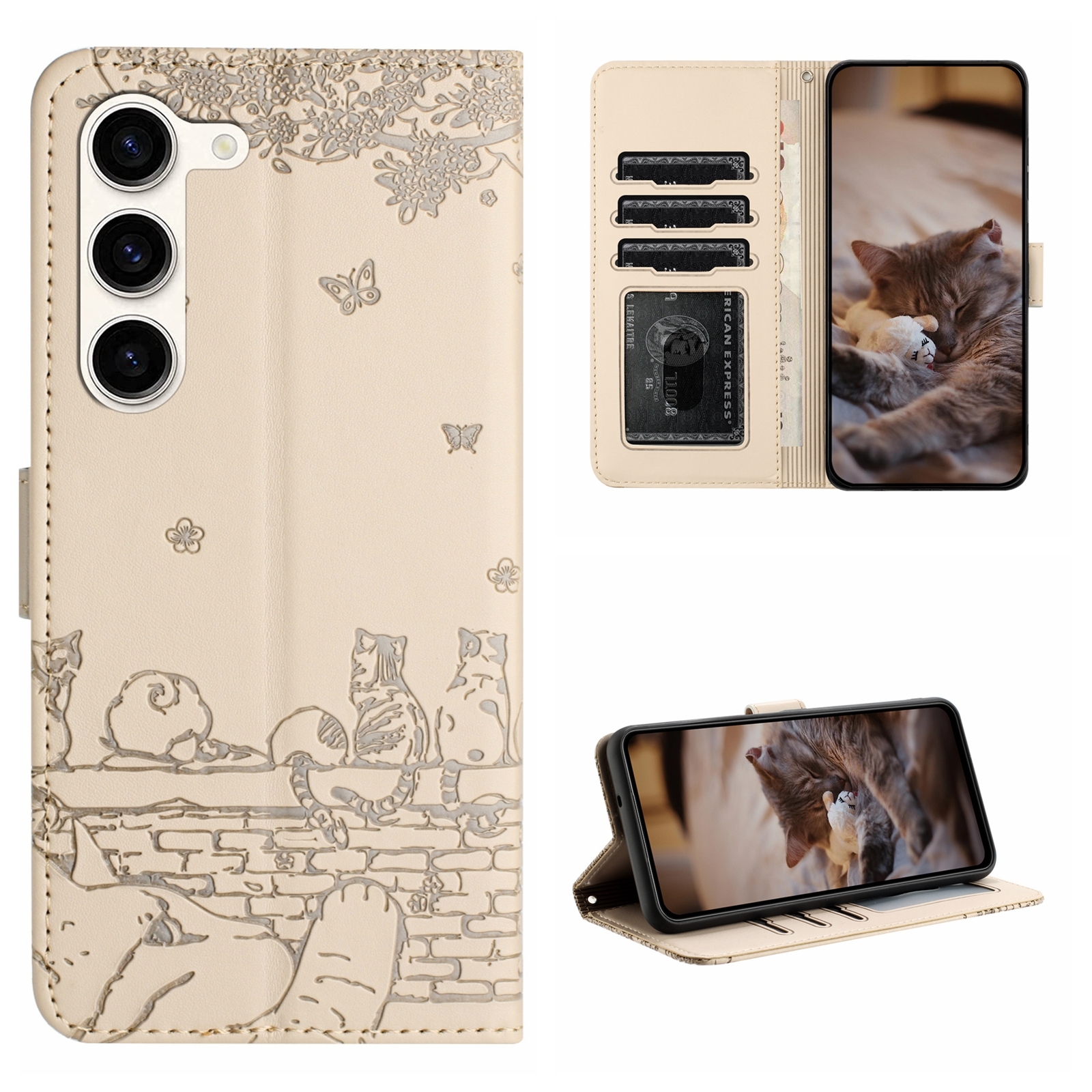 For Samsung Galaxy S23 Cat Embossing Pattern Leather Phone Case with Lanyard(Beige) For Samsung Galaxy S23 Cat Embossing Pattern Leather Phone Case with Lanyard(Beige)