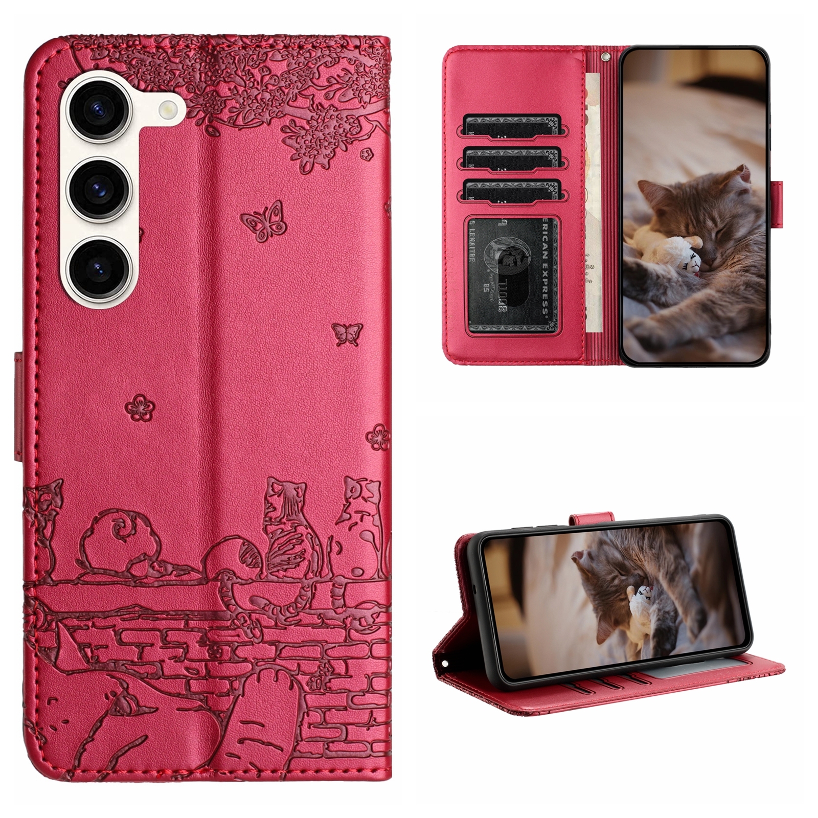 For Samsung Galaxy S23+ Cat Embossing Pattern Leather Phone Case with Lanyard(Red)