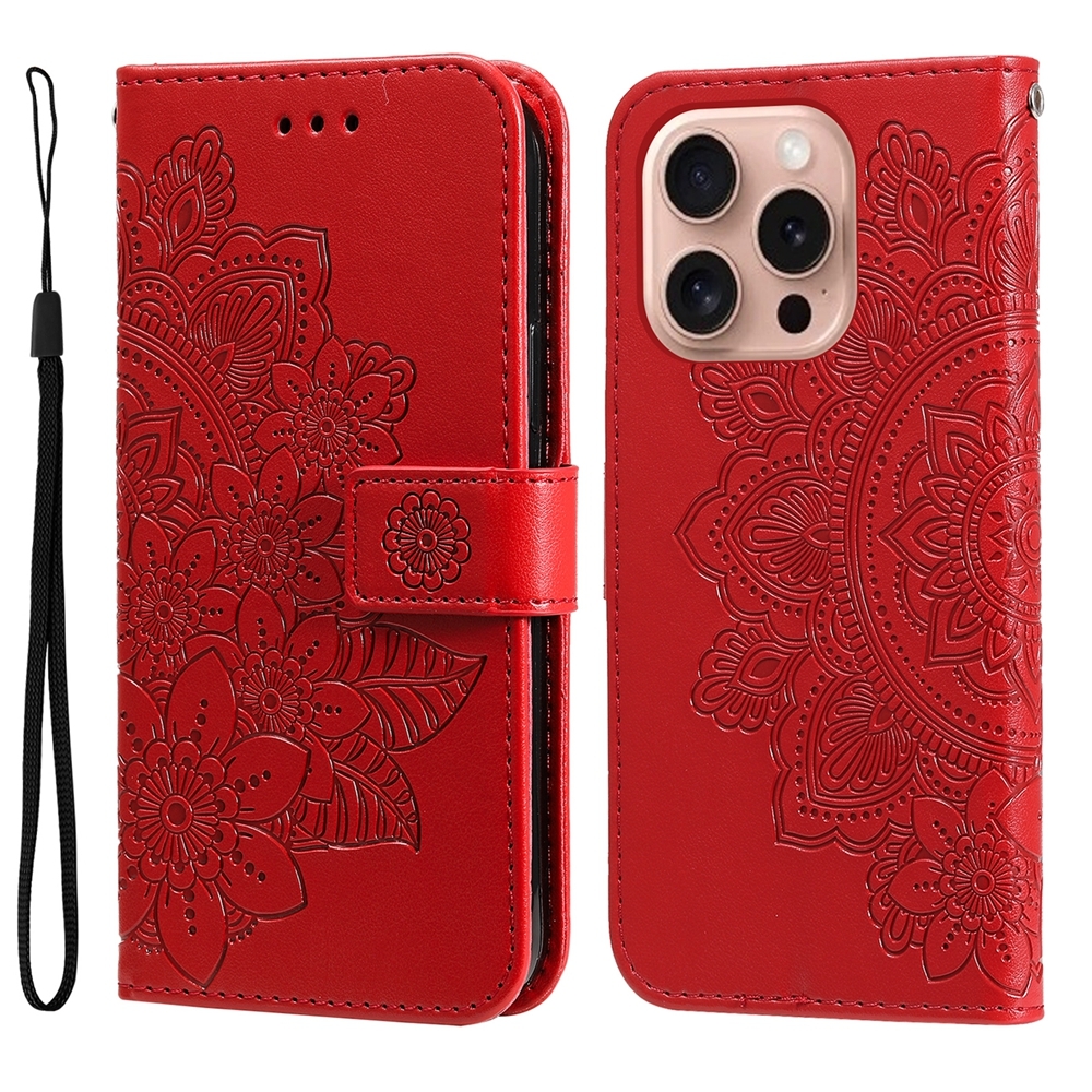 For iPhone 16 Pro Seven-petal Flowers Embossing Leather Phone Case(Red) For iPhone 16 Pro Seven-petal Flowers Embossing Leather Phone Case(Red)