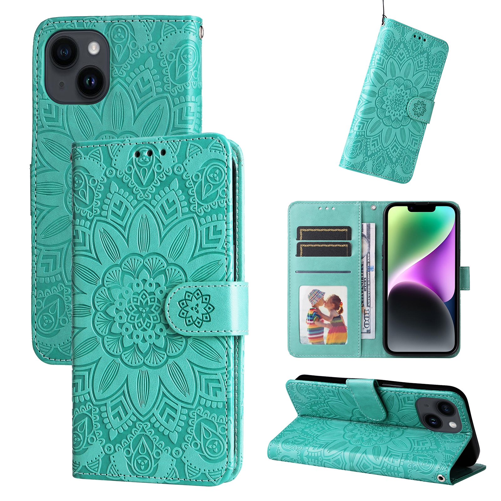 For iPhone 15 Plus Embossed Sunflower Leather Phone Case(Green) For iPhone 15 Plus Embossed Sunflower Leather Phone Case(Green)