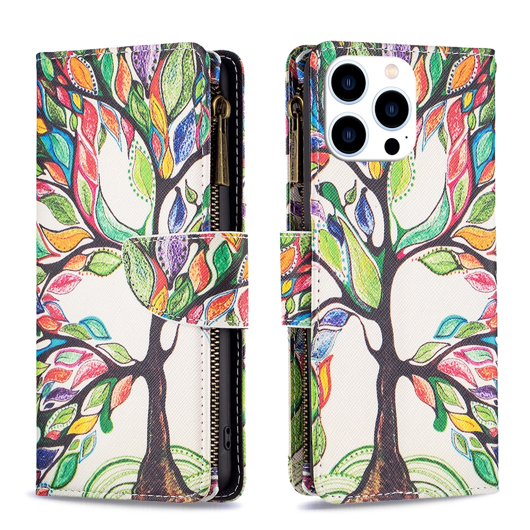 For iPhone 15 Pro Colored Drawing Pattern Zipper Phone Leather Case(Tree) For iPhone 15 Pro Colored Drawing Pattern Zipper Phone Leather Case(Tree)