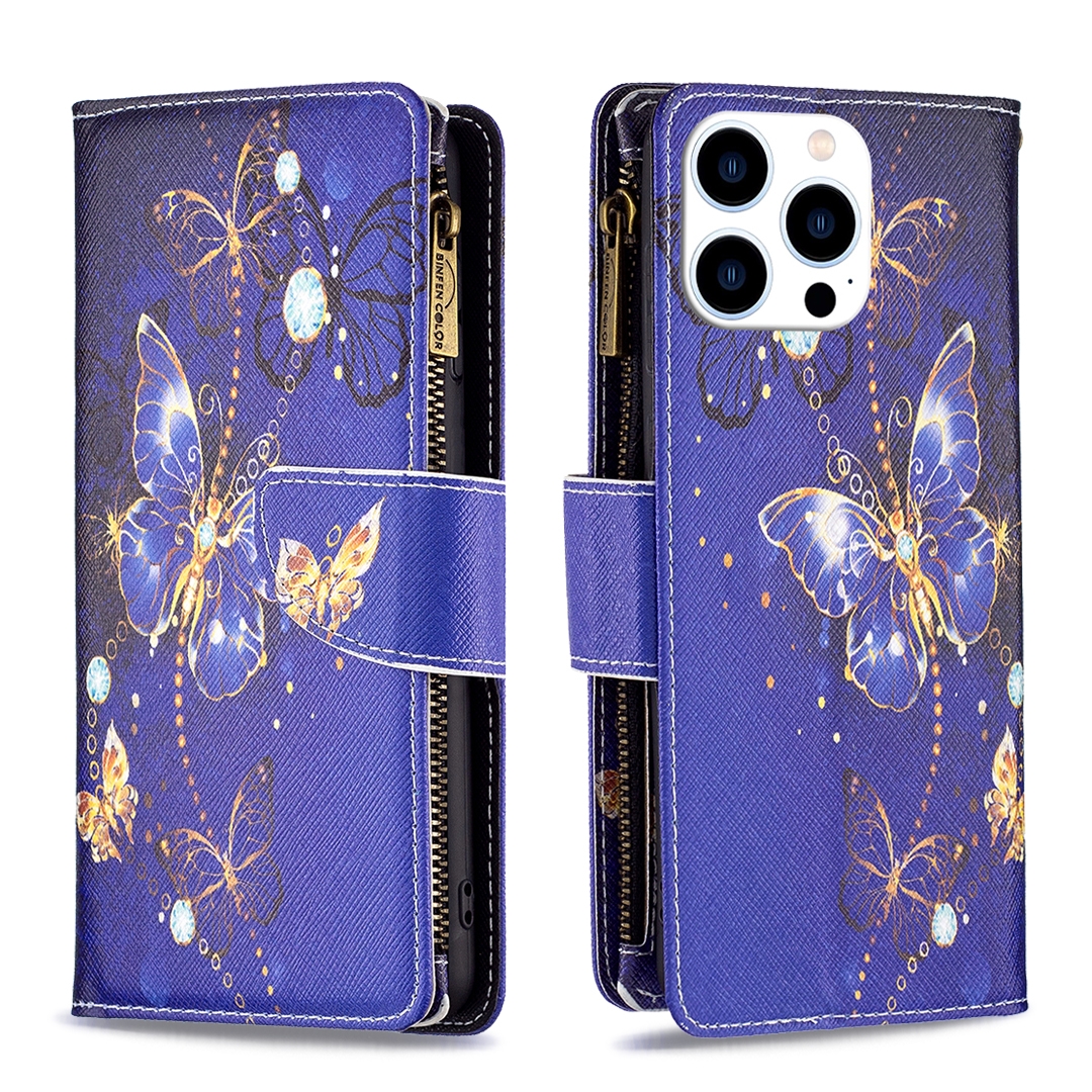 For iPhone 16 Pro Colored Drawing Pattern Zipper Phone Leather Case(Purple Butterfly) For iPhone 16 Pro Colored Drawing Pattern Zipper Phone Leather Case(Purple Butterfly)