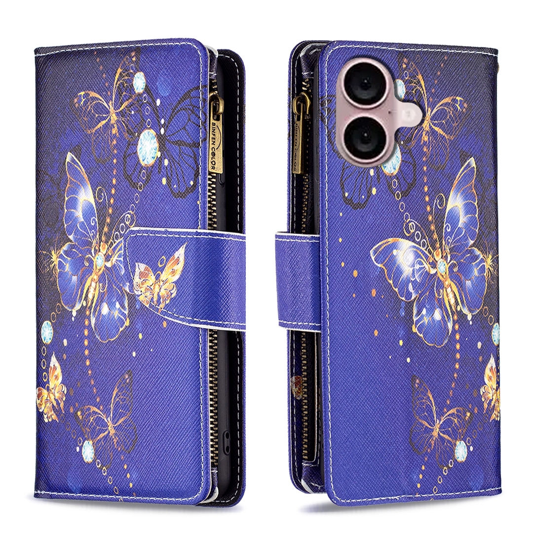 For iPhone 16 Colored Drawing Pattern Zipper Phone Leather Case(Purple Butterfly) For iPhone 16 Colored Drawing Pattern Zipper Phone Leather Case(Purple Butterfly)