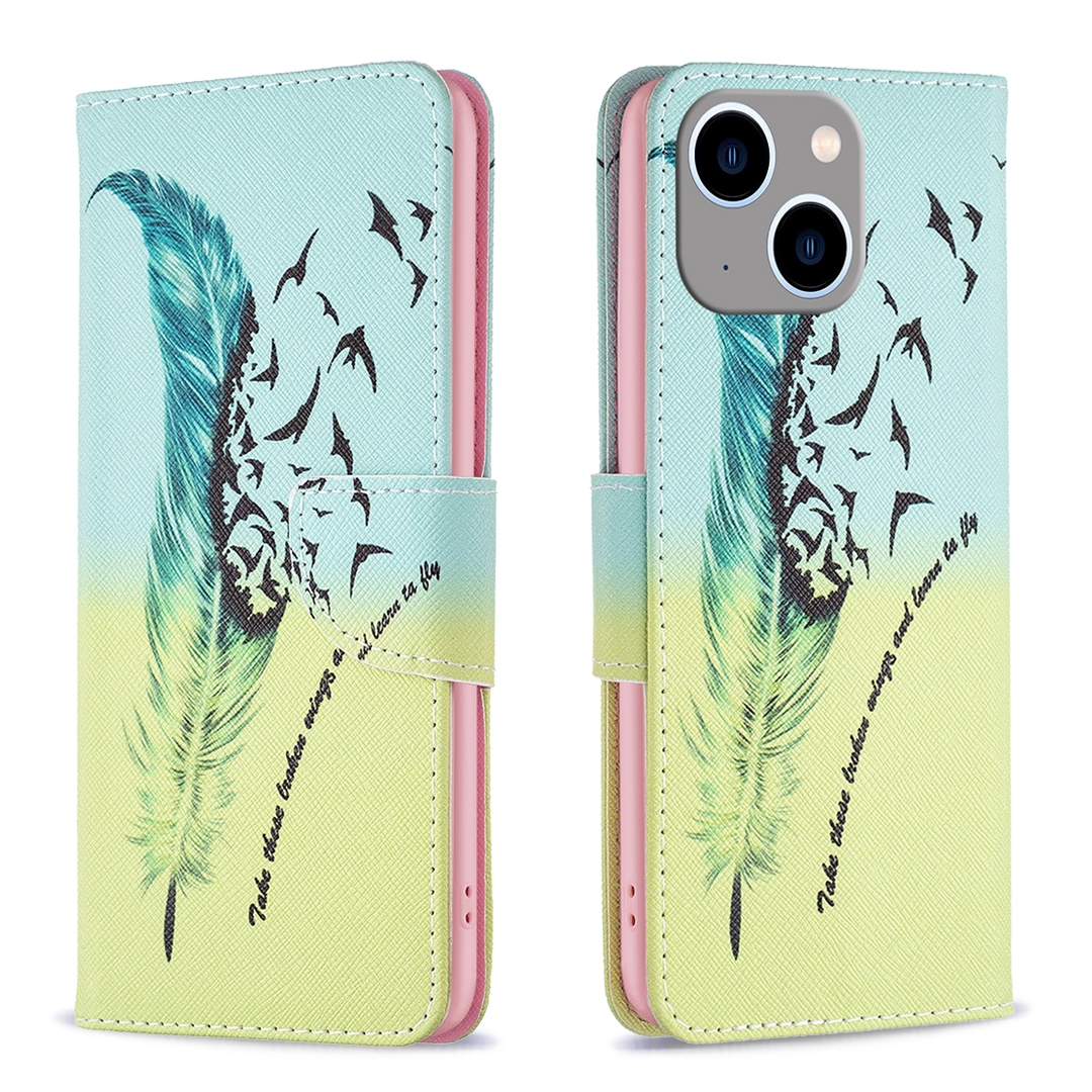 For iPhone 15 Plus Colored Drawing Pattern Leather Phone Case(Feather) For iPhone 15 Plus Colored Drawing Pattern Leather Phone Case(Feather)