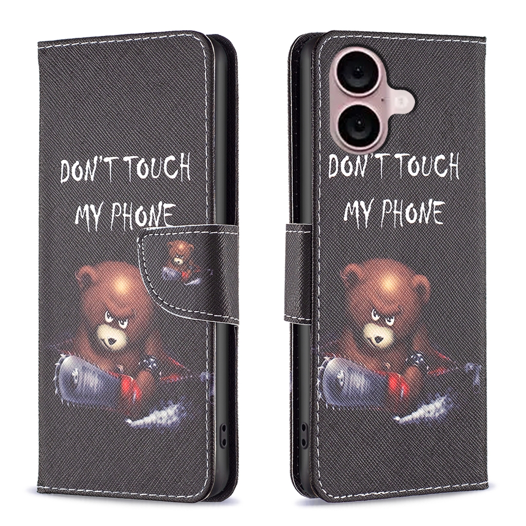 For iPhone 16 Plus Colored Drawing Pattern Leather Phone Case(Bear) For iPhone 16 Plus Colored Drawing Pattern Leather Phone Case(Bear)
