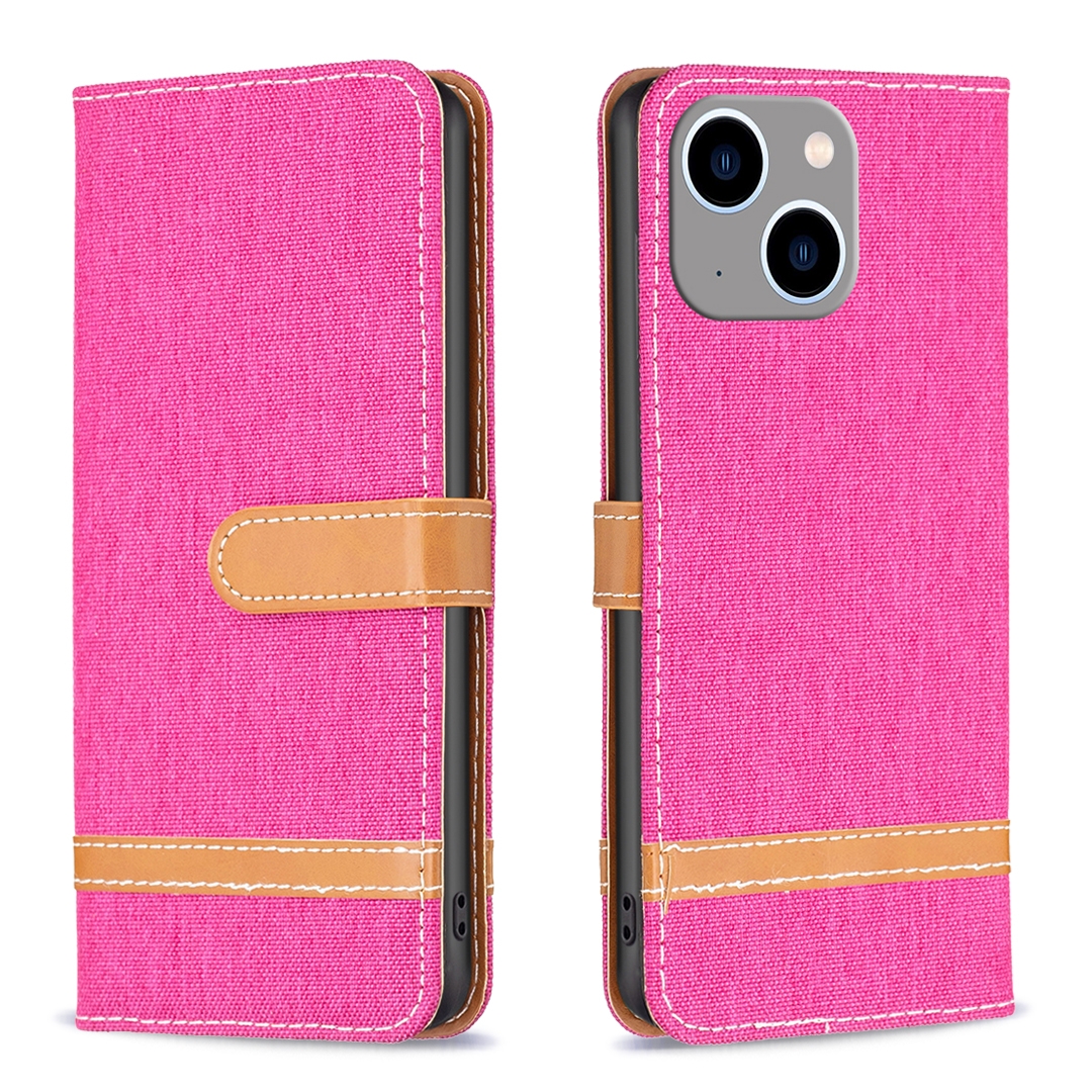 For iPhone 15 Plus Color Block Denim Texture Leather Phone Case(Rose Red) For iPhone 15 Plus Color Block Denim Texture Leather Phone Case(Rose Red)