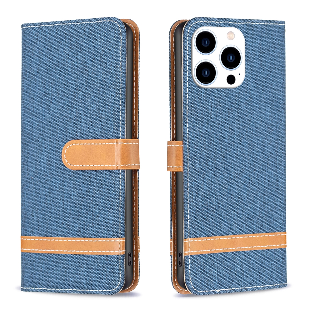 For iPhone 16 Pro Color Block Denim Texture Leather Phone Case(Dark Blue) For iPhone 16 Pro Color Block Denim Texture Leather Phone Case(Dark Blue)