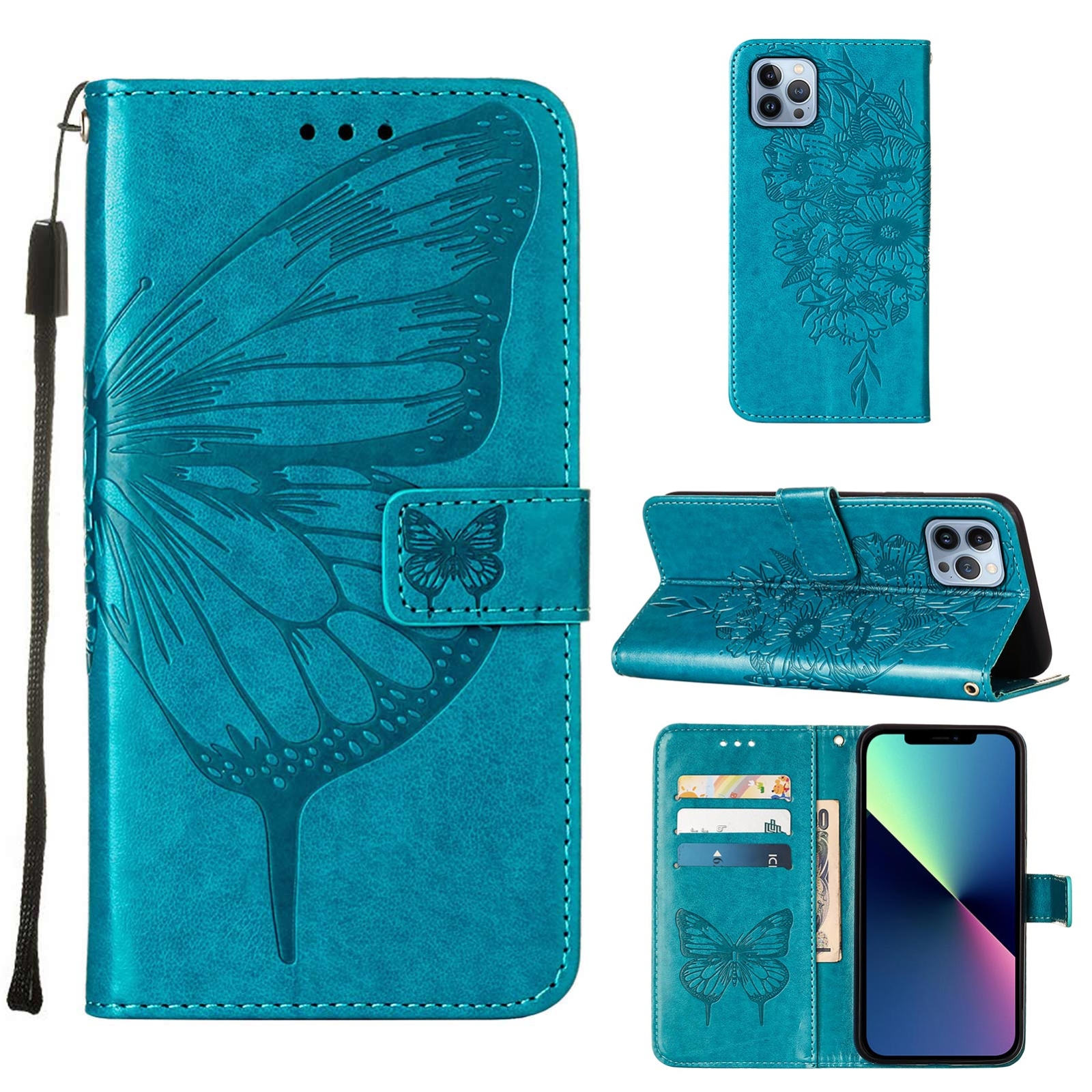 For iPhone 15 Pro Embossed Butterfly Leather Phone Case(Blue) For iPhone 15 Pro Embossed Butterfly Leather Phone Case(Blue)