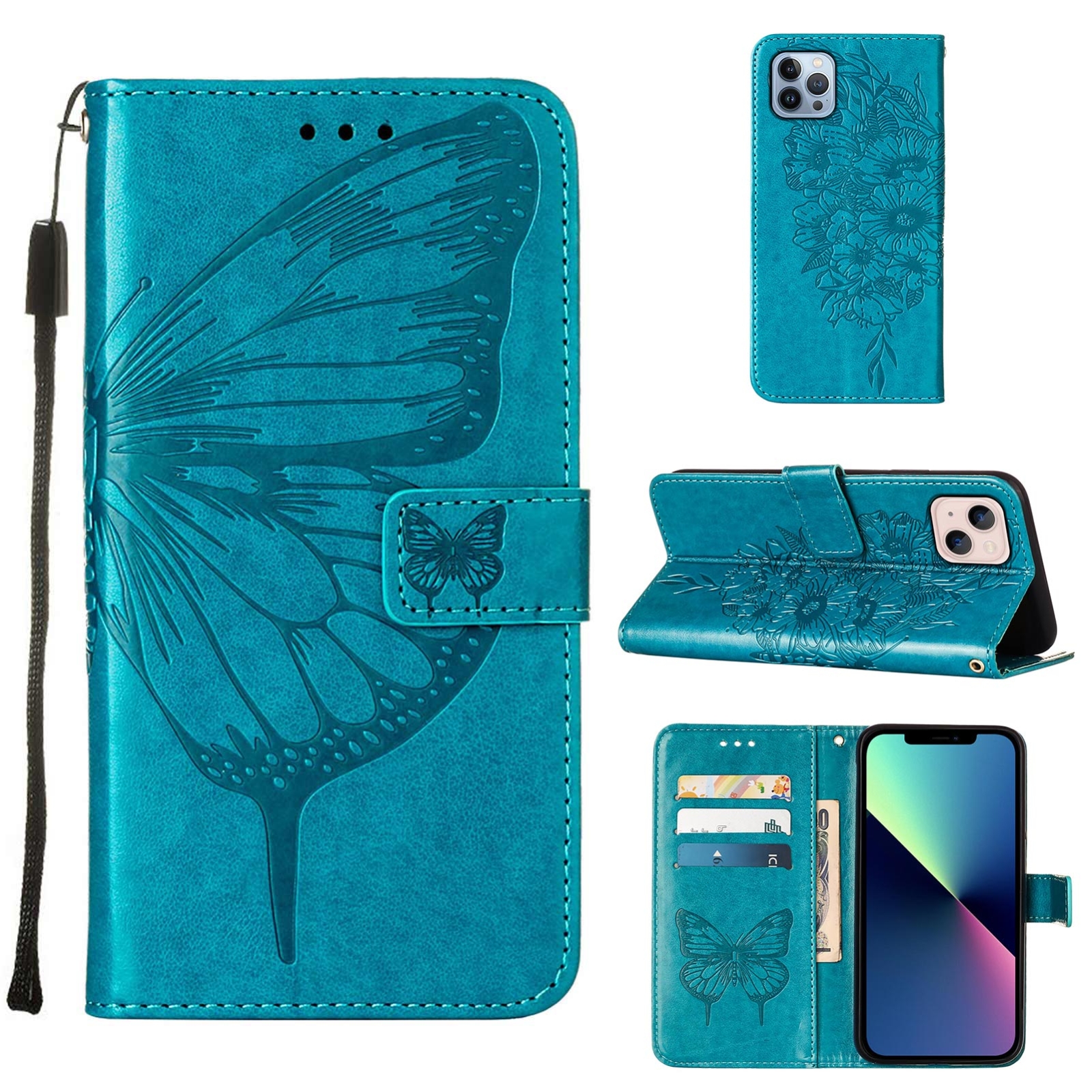 For iPhone 15 Plus Embossed Butterfly Leather Phone Case(Blue) For iPhone 15 Plus Embossed Butterfly Leather Phone Case(Blue)