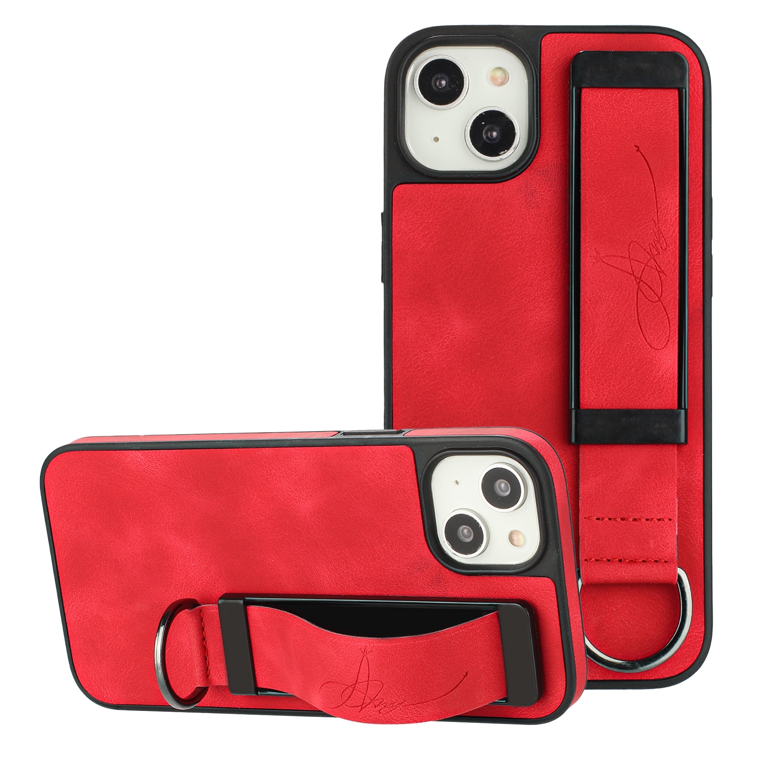 For iPhone 14 Plus Wristband Holder Leather Back Phone Case(Red) For iPhone 14 Plus Wristband Holder Leather Back Phone Case(Red)