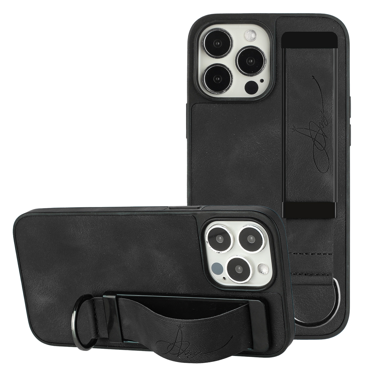 For iPhone 13 Pro Max Wristband Holder Leather Back Phone Case(Black) For iPhone 13 Pro Max Wristband Holder Leather Back Phone Case(Black)