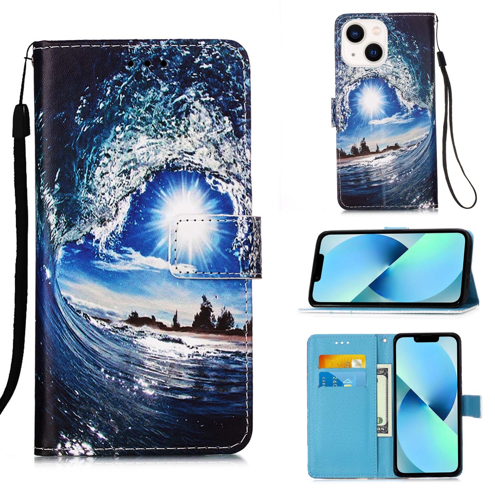 For iPhone 15 Plus Colored Drawing Pattern Plain Weave Leather Phone Case(Waves And Sun) For iPhone 15 Plus Colored Drawing Pattern Plain Weave Leather Phone Case(Waves And Sun)