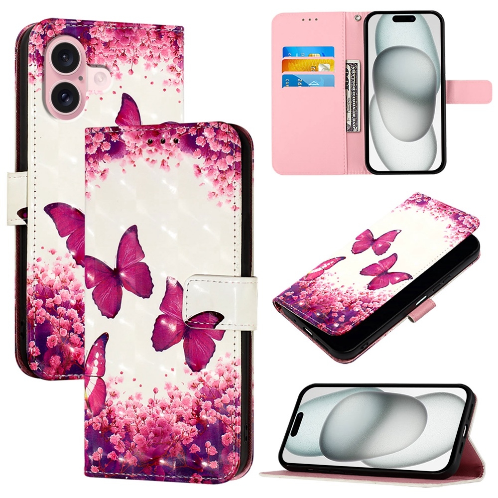 For iPhone 16 3D Painting Horizontal Flip Leather Phone Case(Rose Butterfly) For iPhone 16 3D Painting Horizontal Flip Leather Phone Case(Rose Butterfly)