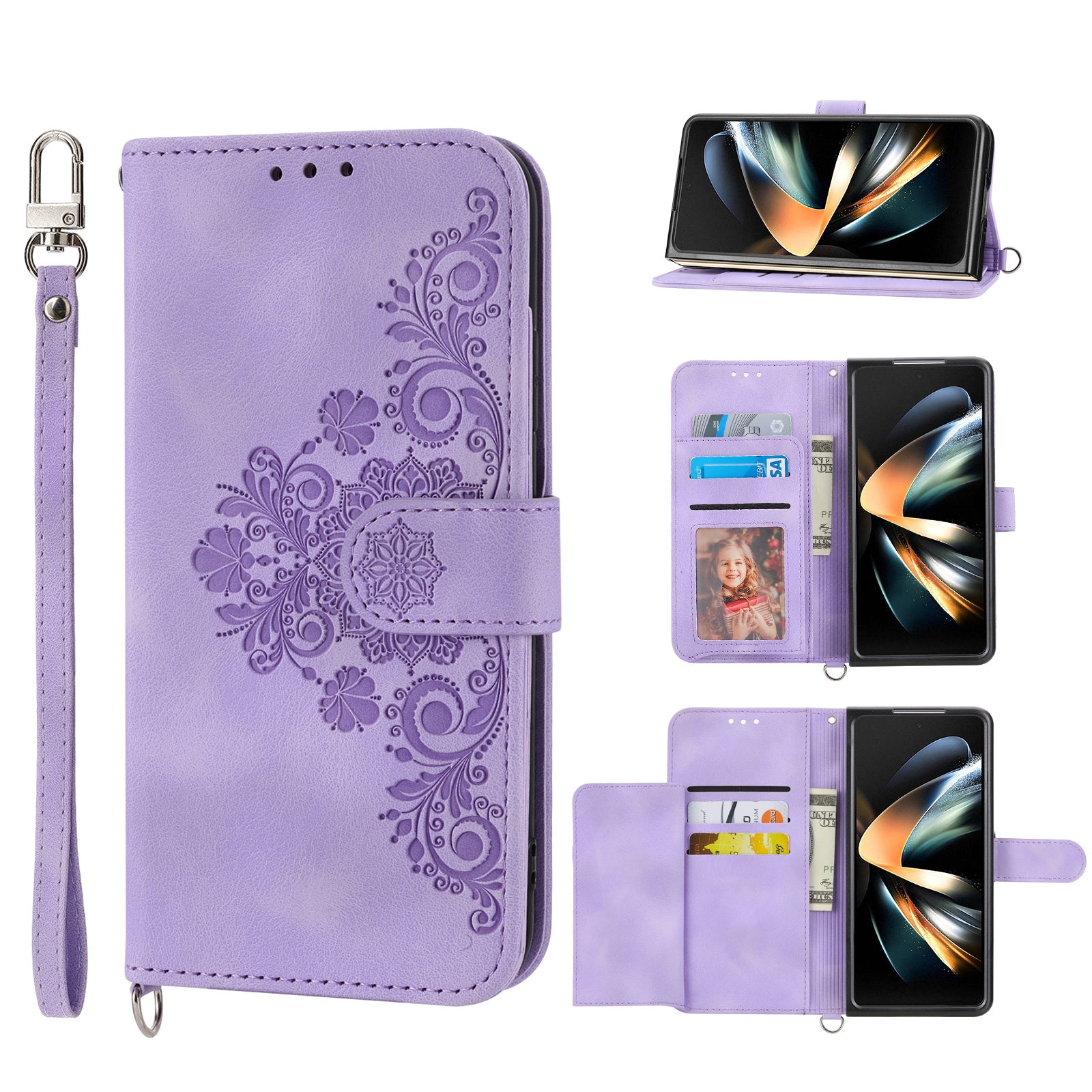 For Samsung Galaxy Z Fold5 Skin Feel Flowers Embossed Wallet Leather Phone Case(Purple) For Samsung Galaxy Z Fold5 Skin Feel Flowers Embossed Wallet Leather Phone Case(Purple)