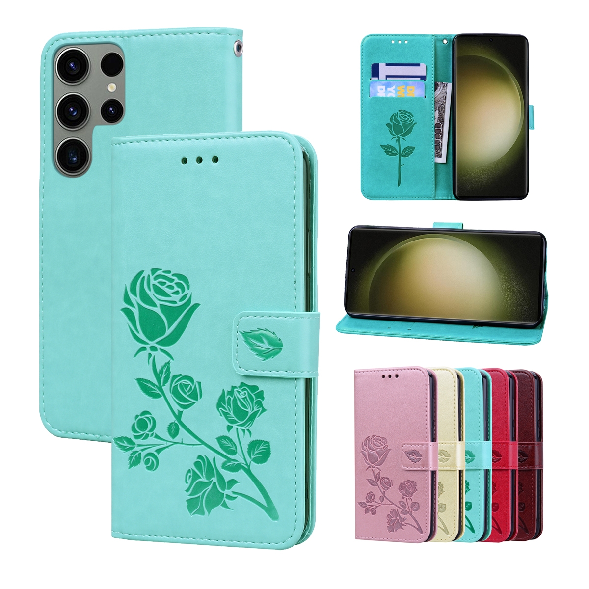 For Samsung Galaxy S24 Ultra Rose Embossed Flip PU Leather Phone Case(Green) For Samsung Galaxy S24 Ultra Rose Embossed Flip PU Leather Phone Case(Green)