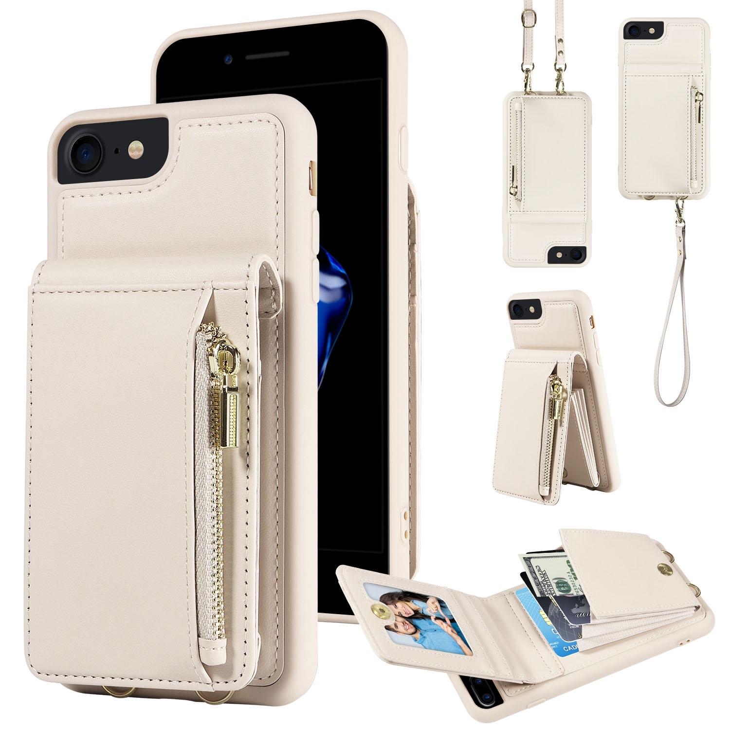 For iPhone SE 2022/ 7 / 8 Crossbody Lanyard Zipper Wallet Leather Phone Case(Beige) For iPhone SE 2022/ 7 / 8 Crossbody Lanyard Zipper Wallet Leather Phone Case(Beige)