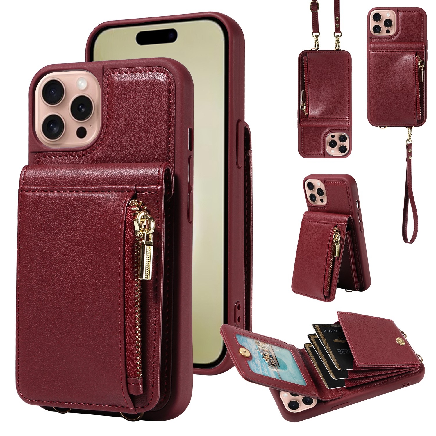 For iPhone 16 Pro Crossbody Lanyard Zipper Wallet Leather Phone Case(Wine Red) For iPhone 16 Pro Crossbody Lanyard Zipper Wallet Leather Phone Case(Wine Red)