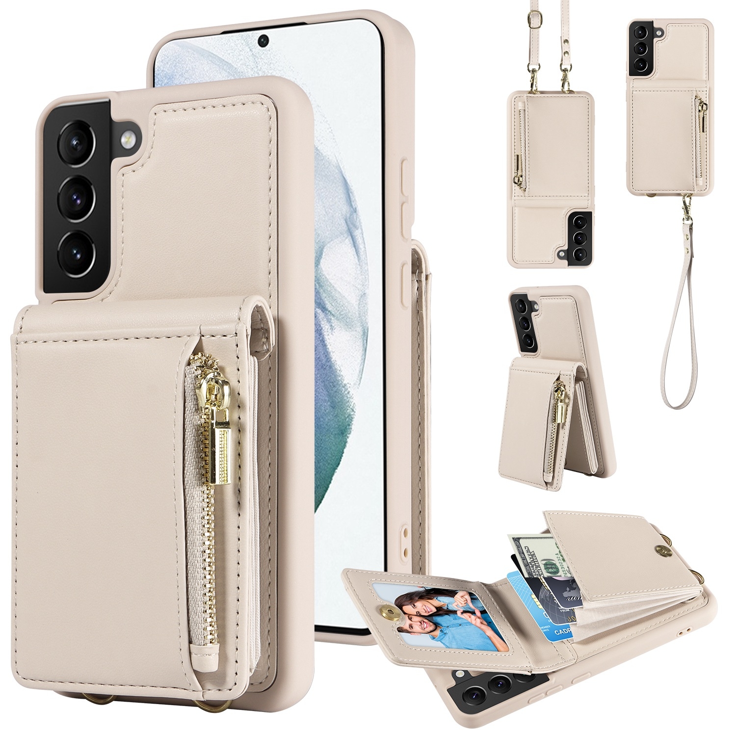 For Samsung Galaxy S21+ 5G Crossbody Lanyard Zipper Wallet Leather Phone Case(Beige) For Samsung Galaxy S21+ 5G Crossbody Lanyard Zipper Wallet Leather Phone Case(Beige)